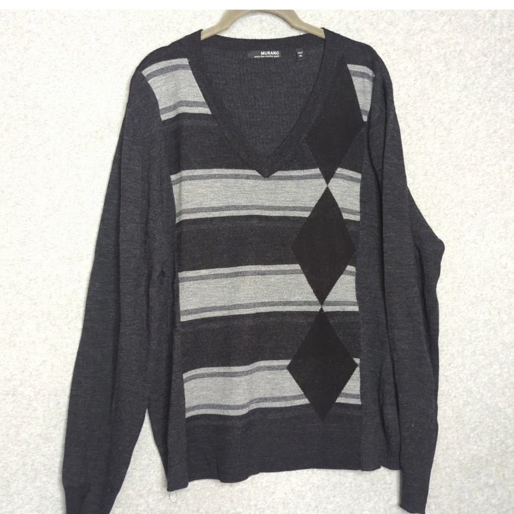 Murano Extra Fine Merino Wool Argyle V‑Neck Sweater Men's XL Charcoal Gray